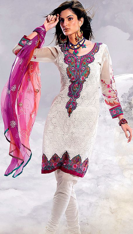 Chic-White Designer Choodidaar Suit with Crewel Embroidery on Neck and Crochet Kameez