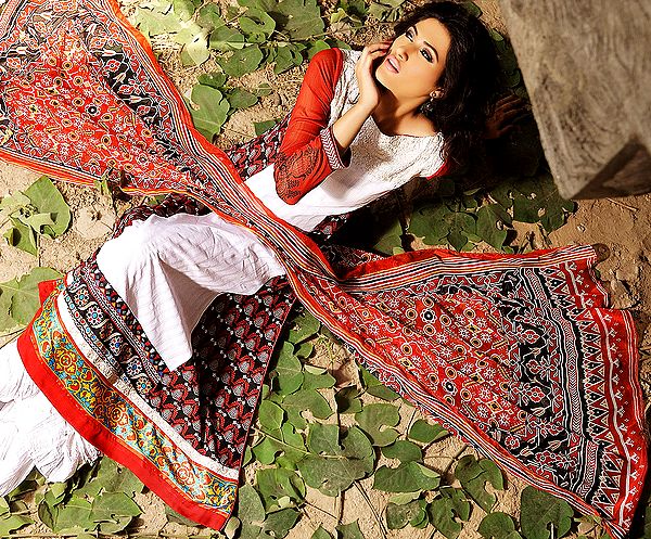 Chic-White Long Salwar Suit from Pakistan with Embroidered Bodice and Silk Jamawar Border