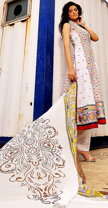 Chic-White Long Salwar Suit From Pakistan with Embroidered Lace and Silk Border