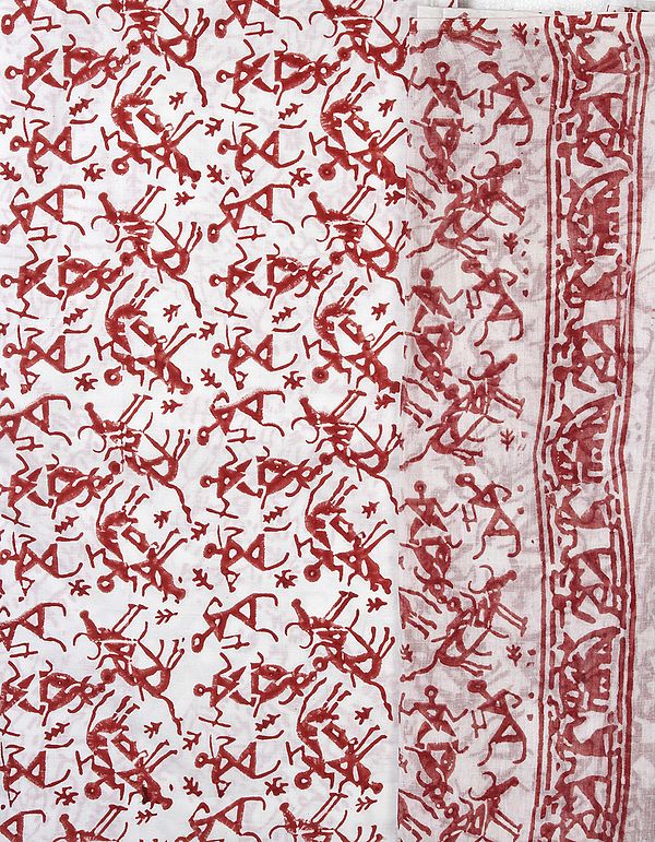 Chic-White Salwar Kameez Fabric with Hand Printed Folk Figures Inspired By Warli Art