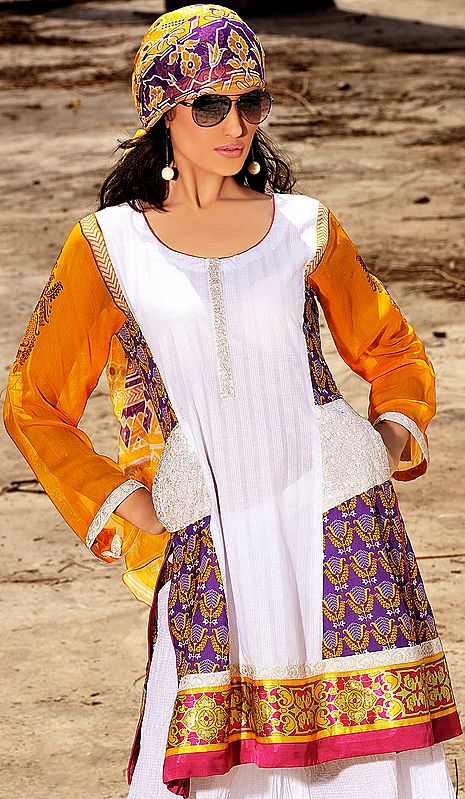 Chic-White Salwar Kameez from Pakistan with Embroidered Zari Lace and Silk Border