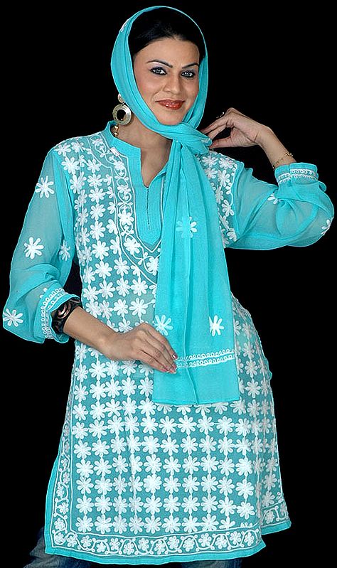 Chikan Embroidered Aquamarine Top with Stole