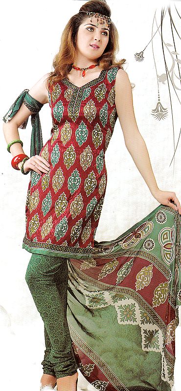 Chili Pepper and Green Choodidaar Suit with Printed Bootis and Self Weave