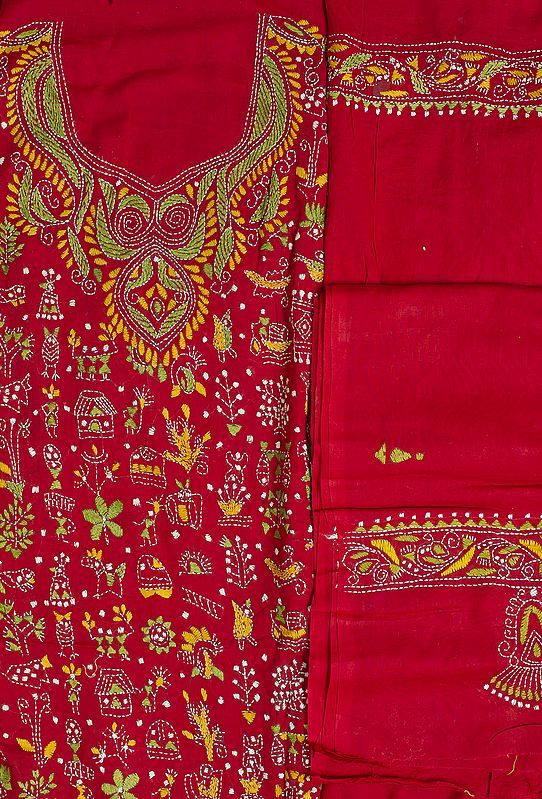 Chilli Pepper-Red Salwar Kameez Fabric with Kantha Embroidery All Over