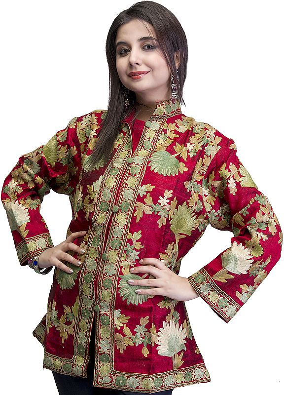 Chinese-Red Kashmiri Jacket with Crewel Embroidered Flowers All-Over