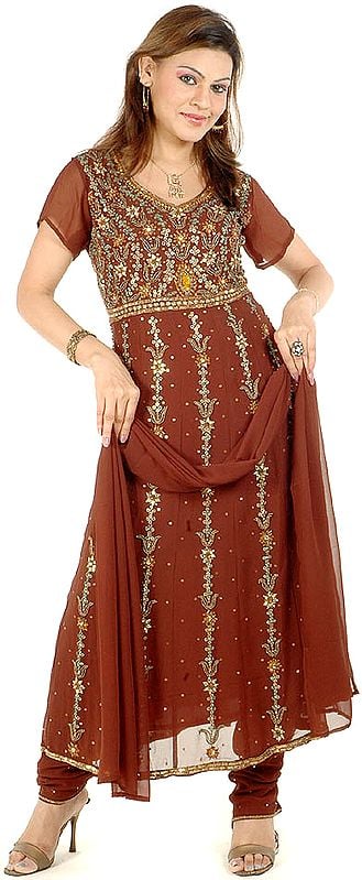 Chocolate-Brown Anarkali Suit with Antique-Beadwork