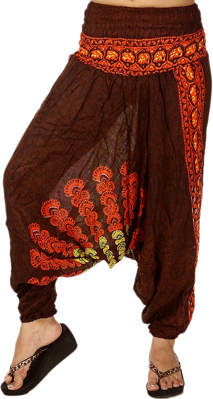 Chocolate-Brown Harem Trousers with Printed Motiffs