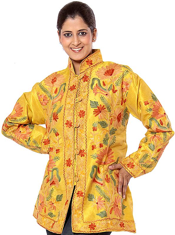 Citrine-Yellow Jacket with Floral Embroidery All-Over