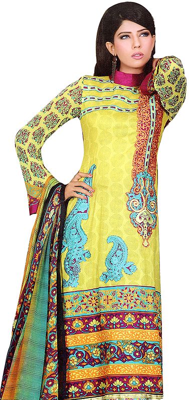 Citronelle-Green Pakistani Salwar Kameez Suit with Embroidered Neck and Printed Dupatta