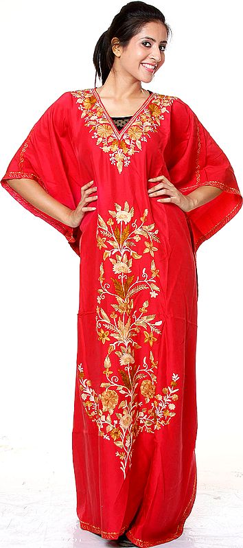 Claret-Red Kashmiri Kaftan with Embroidered Flowers