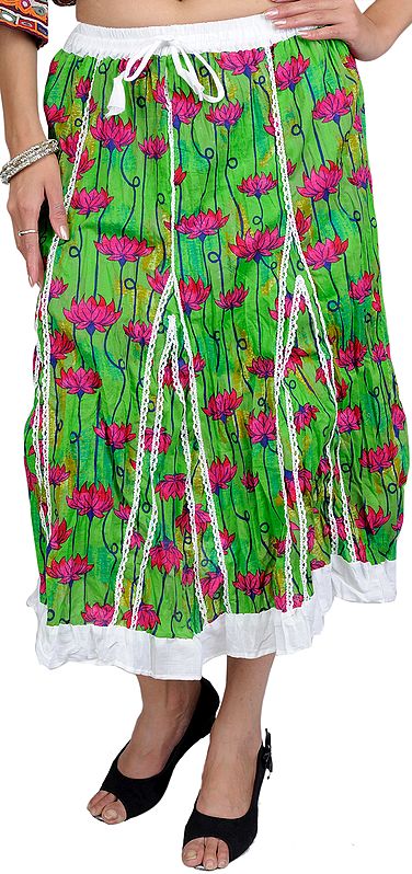 Classic-Green Midi-Skirt with Printed Flowers