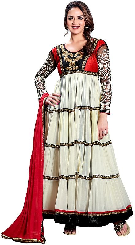 Cloud Cream Anarkali Suit with Crewel Embroidery on Neck