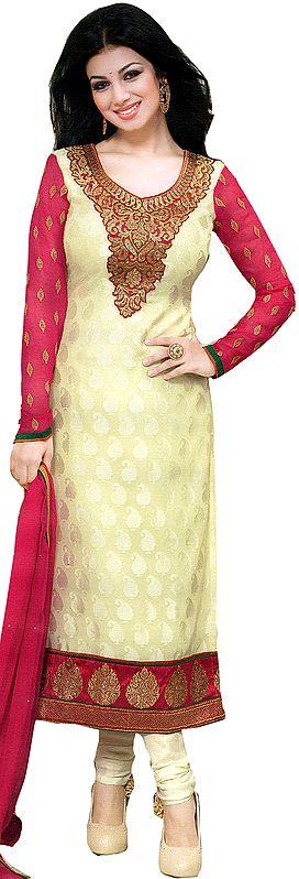 Cloud-Cream Ayesha Choodidaar Suit with Embroidered Patch and Woven Paisleys