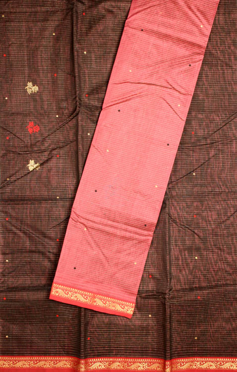 Coffee and Redwood Chanderi Suit with Stripes Woven in Golden Thread