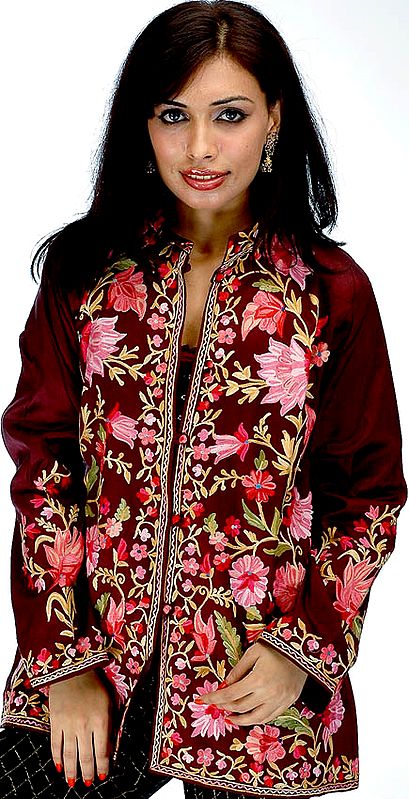 Coffee Jacket from Kashmir with Large Flowers