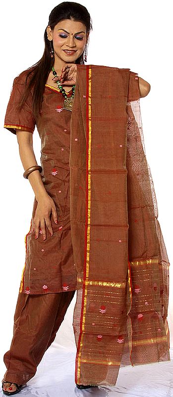 Coffee-Brown Chanderi Suit with Floral Bootis Woven All-Over