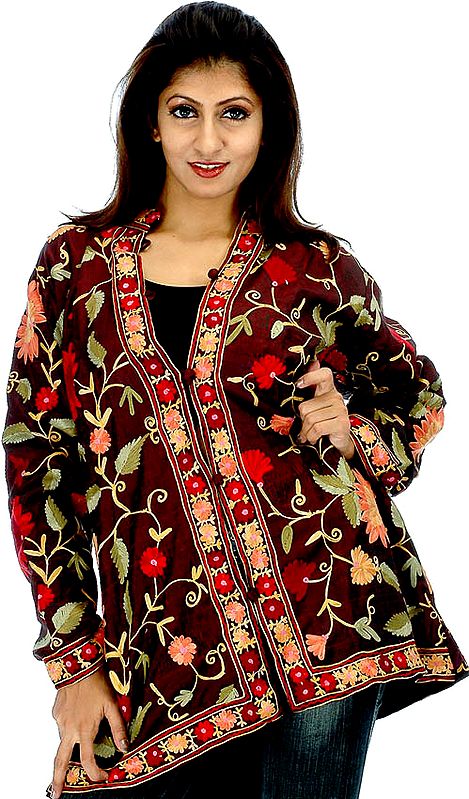 Coffee-Brown Kashmiri Aari Jacket with Floral Embroidery