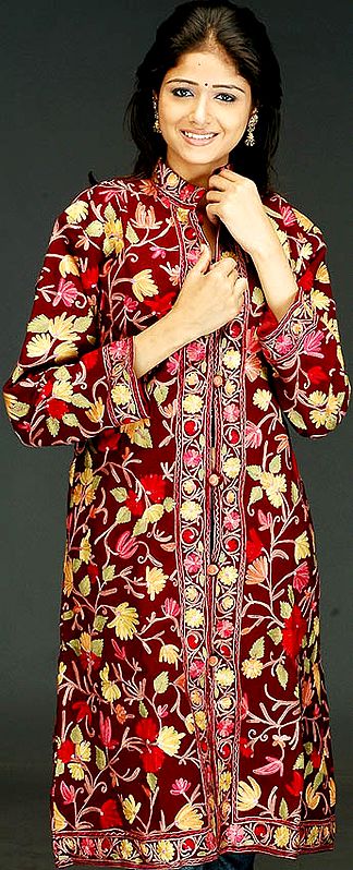 Coffee-Brown Kashmiri Long Jacket with Floral Embroidery