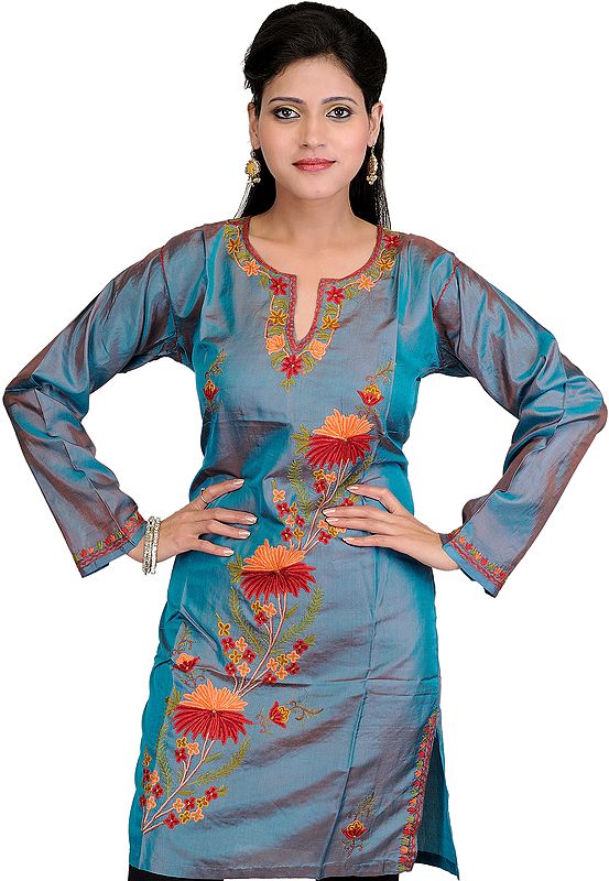 Colonial-Blue Kashmiri Kurti with Embroidered Flowers by Hand