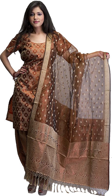 Copper-Brown Salwar Kameez from Banaras with All-Over Weave