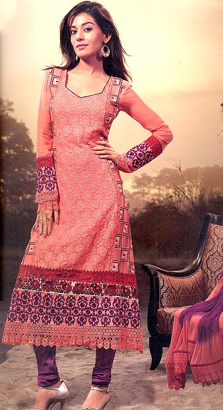 Coral Choodidaar Kameez Suit with All-Over Thread Embroidered Flowers in Self and Crochet Border