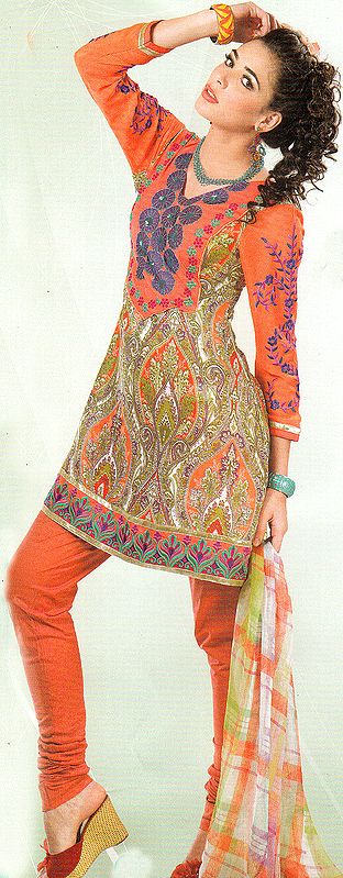 Coral Choodidaar Suit with Embroidered Chakras and Jamawar Print