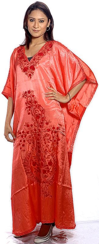 Coral Kaftan from Kashmir with Aari-Embroidered Flowers
