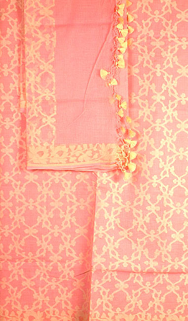 Coral Pink and Yellow Kota Cotton Suit Woven in Banaras