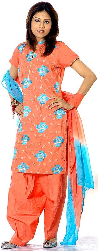 Coral Salwar Suit Fabric with All-Over Floral Aari Embroidery