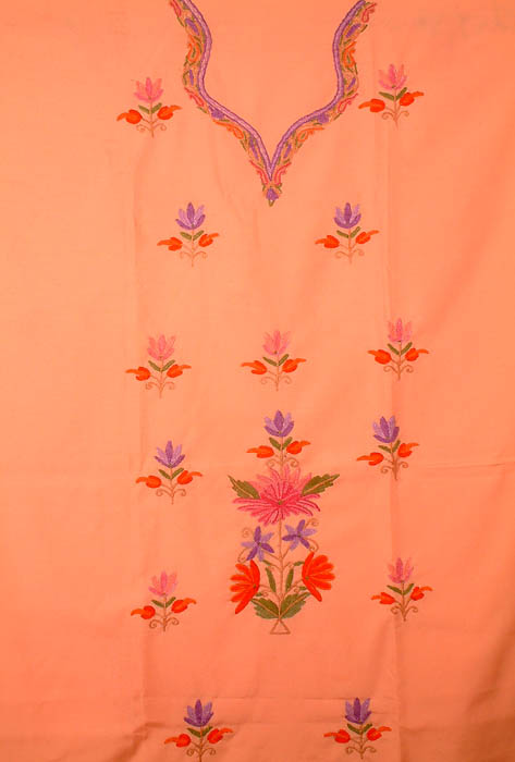 Coral Two-Piece Kashmiri Suit with Floral Aari Embroidery on Kameez