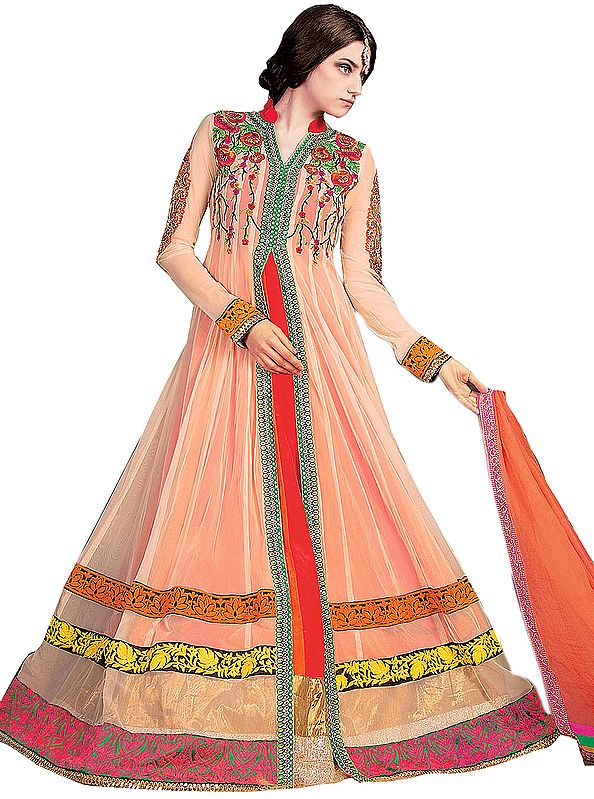 Coral-Sands Designer Wedding Anarkali Suit with Floral Embroidery and Patch Border