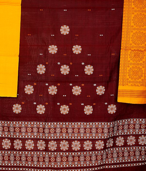 Cordovan and Amber Bomkai Salwar Kameez Fabric from Orissa with All-Over Woven Bootis and Rudraksha Border
