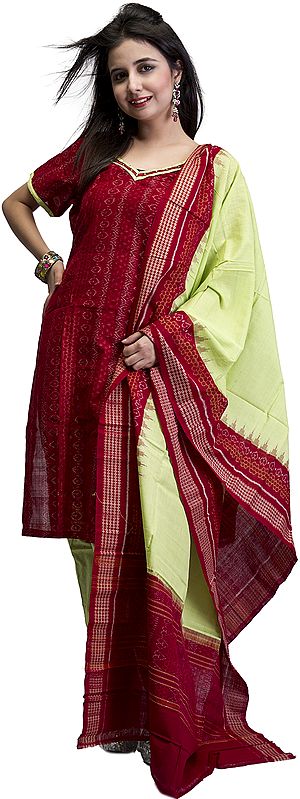 Cordovan and Green Choodidaar Kameez Suit from Sambhalpur with Ikat Weave
