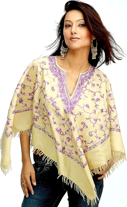 Corn and Amethyst Kashmiri Poncho with Jaal Embroidery