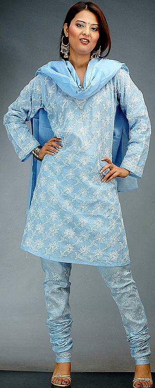 Cornflower-Blue Choodidaar Chikan Suit from Lucknow with Sequins