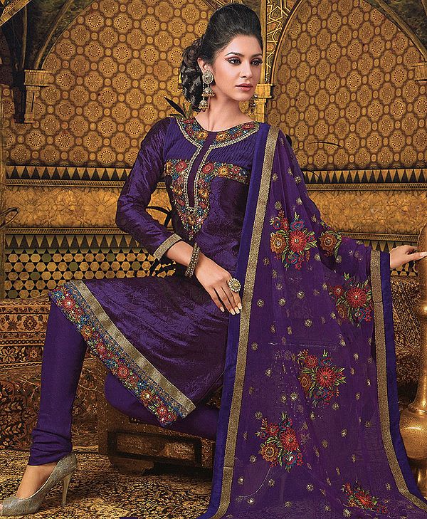 Cosmic-Purple Choodidaar Kameez with Embroidered Flowers and Patch Border
