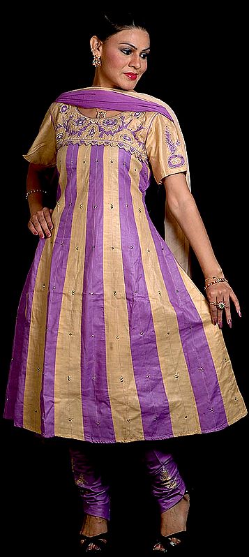 Cream and Amethyst Anarkali Suit with Floral Sequins