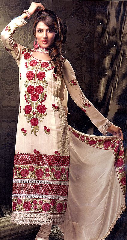 Cream Designer Choodidaar Kameez Suit with Embroidered Roses and Crochet Border