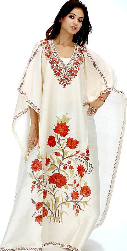 Cream Kaftan with Floral Aari Embroidery on Borders and Front