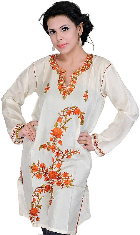 Cream Kashmiri Kurti with Embroidered Flowers by Hand