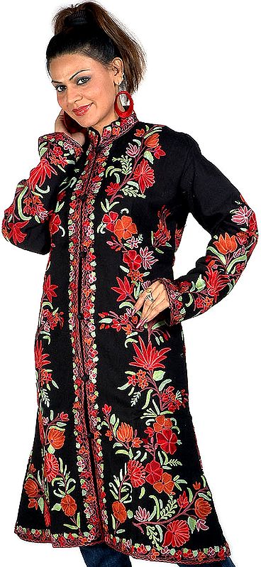 Crewel Embroidered Black Long Floral Jacket from Kashmir