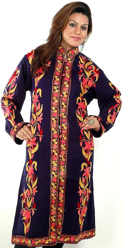 Crewel Embroidered Midnight-Blue Long Floral Jacket from Kashmir