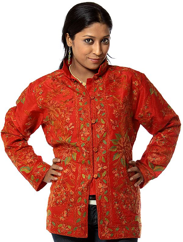 Crewel-Embroidered High-Neck Red Jacket from Kashmir