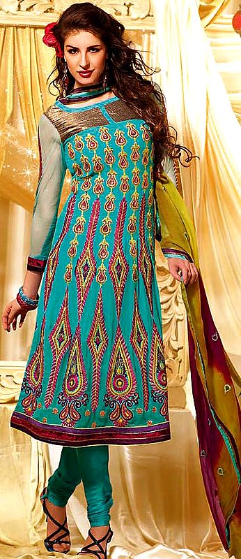 Curacao-Green Choodidaar Suit with All-Over Embroidery on Flared Kameez