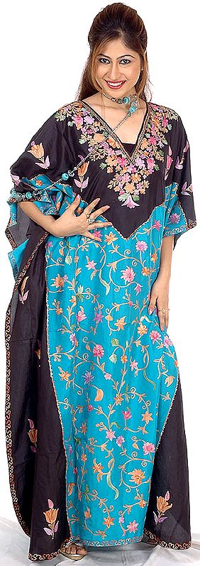 Cyan and Black V-Neck Kaftan with Crewel Embroidery All-Over