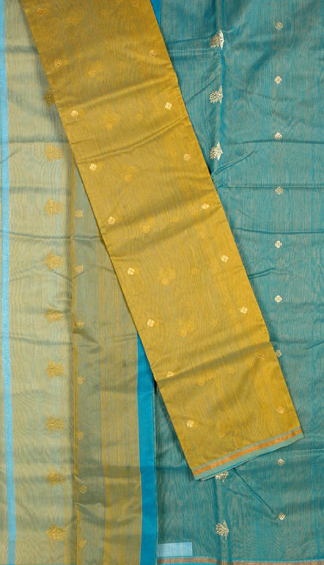 Cyan and Mustard Chanderi Suit with Woven Bootis
