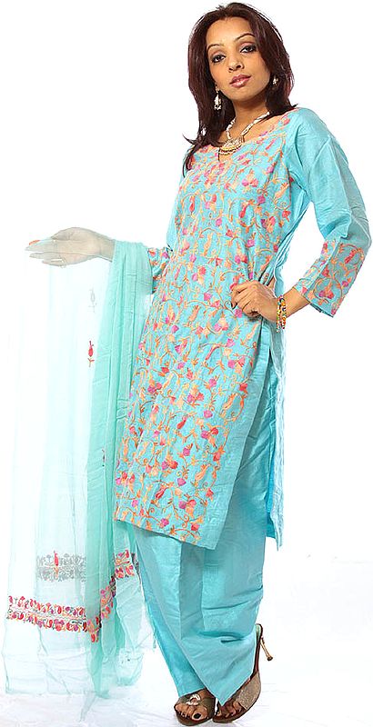 Cyan Aari Embroidered Suit from Kashmir with Chiffon Dupatta