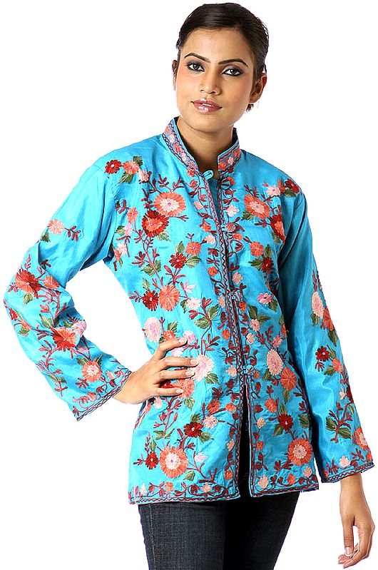 Cyan Jacket with Floral Embroidery All-Over from Kashmir