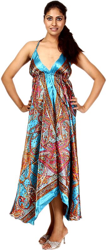 Cyan-Blue Printed Halter-Neck Summer Dress