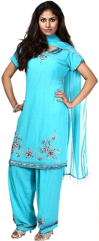Cyan-Blue Salwar Kameez with Beads and Sequins Embroidered All-Over